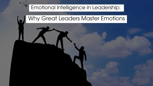 Silhouettes of leaders helping one another climb a mountain peak against a blue sky, symbolizing emotional intelligence in leadership, teamwork, support, and mastering emotions for effective leadership.