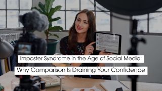 Content creator filming a social media video while holding a tablet, illustrating imposter syndrome in the age of social media and how online comparison drains confidence.