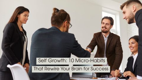 A group of professionals gathers around a meeting table while shaking hands and smiling, symbolizing teamwork, self-growth, and success-building habits, with the text “Self Growth: 10 Micro-Habits That Rewire Your Brain for Success” displayed across the image.