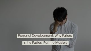 Young man in a white shirt looking down with his hand on his forehead, appearing frustrated or reflective, with the text “Personal Development: Why Failure Is the Fastest Path to Mastery” displayed across the image.