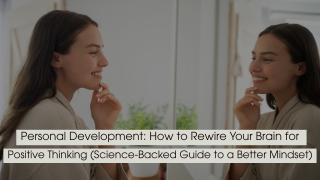 Woman smiling at her reflection in a mirror, symbolizing self-awareness and positive thinking, with the text “Personal Development: How to Rewire Your Brain for Positive Thinking (Science-Backed Guide to a Better Mindset)” displayed across the image.