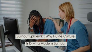 Exhausted healthcare worker sitting at a computer with her head in her hand while a colleague offers support, with the text “Burnout Epidemic: Why Hustle Culture Is Driving Modern Burnout” displayed across the image.