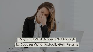 Stressed businesswoman sitting at a desk with a laptop, holding her forehead in frustration, symbolizing burnout and ineffective effort, with the text “Why Hard Work Alone Is Not Enough for Success (What Actually Gets Results)” displayed across the image.