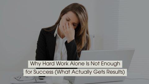 Stressed businesswoman sitting at a desk with a laptop, holding her forehead in frustration, symbolizing burnout and ineffective effort, with the text “Why Hard Work Alone Is Not Enough for Success (What Actually Gets Results)” displayed across the image.