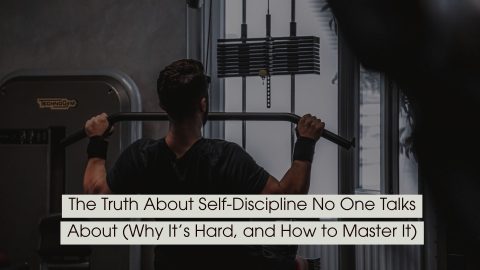 Man working out on a lat pulldown machine in a gym, symbolizing discipline and consistency, with the text “The Truth About Self-Discipline No One Talks About (Why It’s Hard, and How to Master It)” displayed across the image.