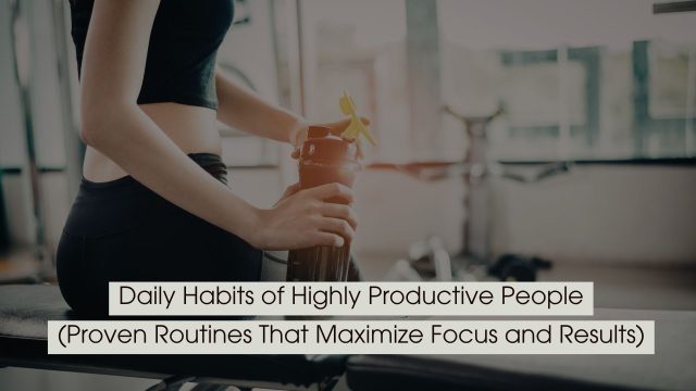 Person in workout attire holding a water bottle in a gym setting, representing discipline and daily routines, with the text “Daily Habits of Highly Productive People (Proven Routines That Maximize Focus and Results)” displayed across the image.
