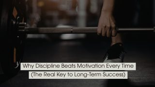 Close-up of a person gripping a barbell in a gym, symbolizing strength, discipline, and consistency, with the text “Why Discipline Beats Motivation Every Time (The Real Key to Long-Term Success)” displayed across the image.