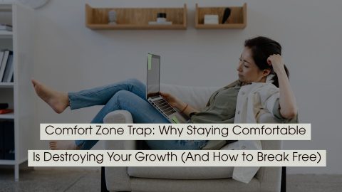 Woman lounging comfortably on a couch while using a laptop, symbolizing complacency and the comfort zone, with the text “Comfort Zone Trap: Why Staying Comfortable Is Destroying Your Growth (And How to Break Free)” displayed across the image.