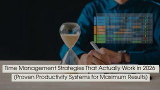Person writing beside an hourglass with a project timeline chart overlay, representing planning and efficiency, with the text “Time Management Strategies That Actually Work in 2026 (Proven Productivity Systems for Maximum Results)” displayed across the image.