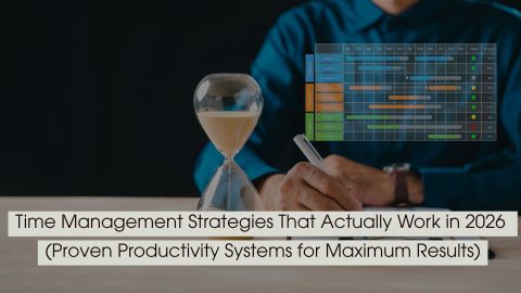 Person writing beside an hourglass with a project timeline chart overlay, representing planning and efficiency, with the text “Time Management Strategies That Actually Work in 2026 (Proven Productivity Systems for Maximum Results)” displayed across the image.