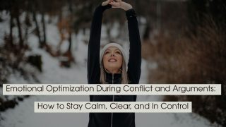 A woman stretching outdoors in a winter setting with text overlay reading “Emotional Optimization During Conflict and Arguments: How to Stay Calm, Clear, and In Control.”
