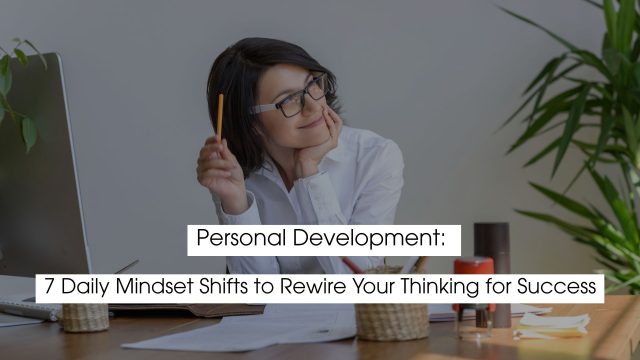 A woman sitting at a desk, smiling thoughtfully while holding a pencil and looking upward, representing reflection and personal development.