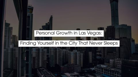 Personal growth concept illustrated over a modern city skyline at dusk, with high-rise buildings and muted urban tones, symbolizing self-discovery and transformation in Las Vegas, the city that never sleeps.