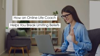 Woman attending an online life coaching session on a laptop, smiling and waving, with text overlay reading “How an Online Life Coach Helps You Break Limiting Beliefs.”