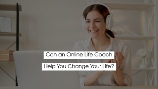 Smiling woman wearing headphones attending an online life coaching session on a laptop, illustrating how an online life coach helps support personal growth and life change.