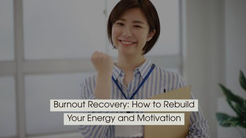 Smiling person holding a clipboard and raising a fist in a gesture of renewed energy and determination, symbolizing recovery and motivation, with the text “Burnout Recovery: How to Rebuild Your Energy and Motivation” displayed across the image.