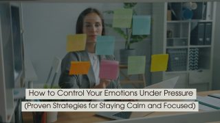 A woman in an office organizing colorful sticky notes on a glass board while working on a laptop, representing focus and emotional control under pressure, with the text “How to Control Your Emotions Under Pressure (Proven Strategies for Staying Calm and Focused)” displayed across the image.