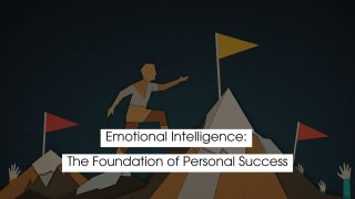 llustration of a person climbing a mountain toward a flag symbolizing success, representing emotional intelligence as the foundation of personal growth and achievement.