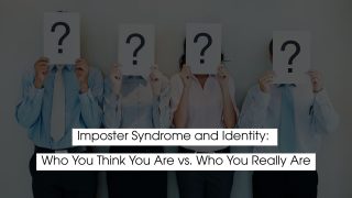 Group of professionals standing side by side holding cards with question marks over their faces, symbolizing self-doubt and identity confusion, with text reading “Imposter Syndrome and Identity: Who You Think You Are vs. Who You Really Are.