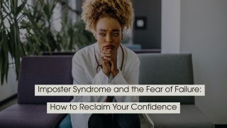 A thoughtful woman in a white coat sits on a couch with her hands clasped, with text overlay reading “Imposter Syndrome and the Fear of Failure: How to Reclaim Your Confidence.”