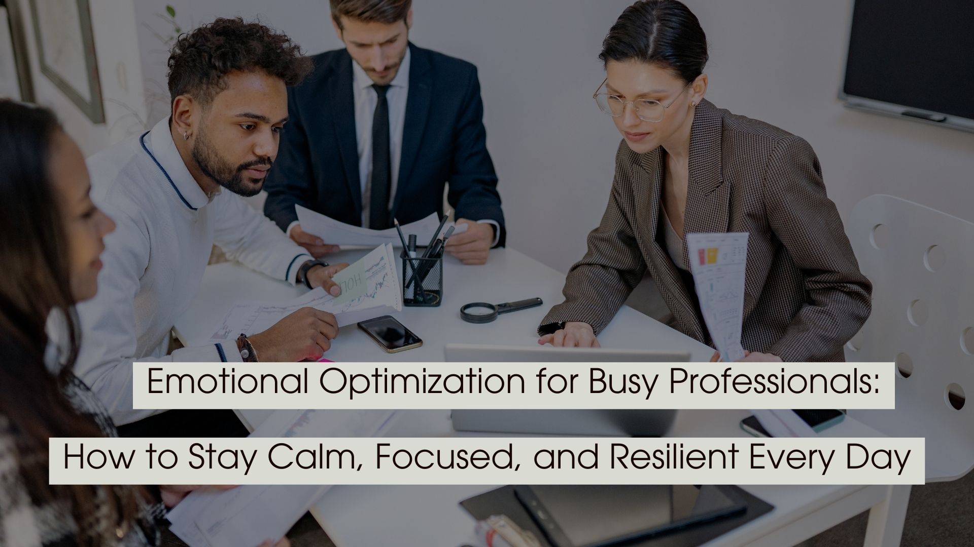 Busy professionals working together at a desk, representing emotional optimization for staying calm, focused, and resilient.