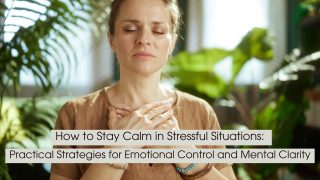 A peaceful woman with closed eyes places both hands over her chest in a calming indoor space filled with natural light and plants, symbolizing emotional regulation, mindfulness, and inner peace, with the text “How to Stay Calm in Stressful Situations: Practical Strategies for Emotional Control and Mental Clarity” displayed across the image.