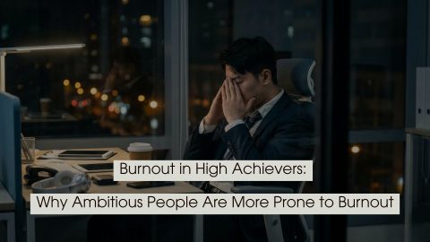 Business professional sitting at a desk late at night with hands covering his face, appearing exhausted or stressed, with the text “Burnout in High Achievers: Why Ambitious People Are More Prone to Burnout” displayed across the image.