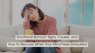 Woman sitting on a couch holding a mug and pressing her hand to her forehead, appearing mentally exhausted, with the text “Emotional Burnout: Signs, Causes, and How to Recover When Your Mind Feels Exhausted” displayed across the image.